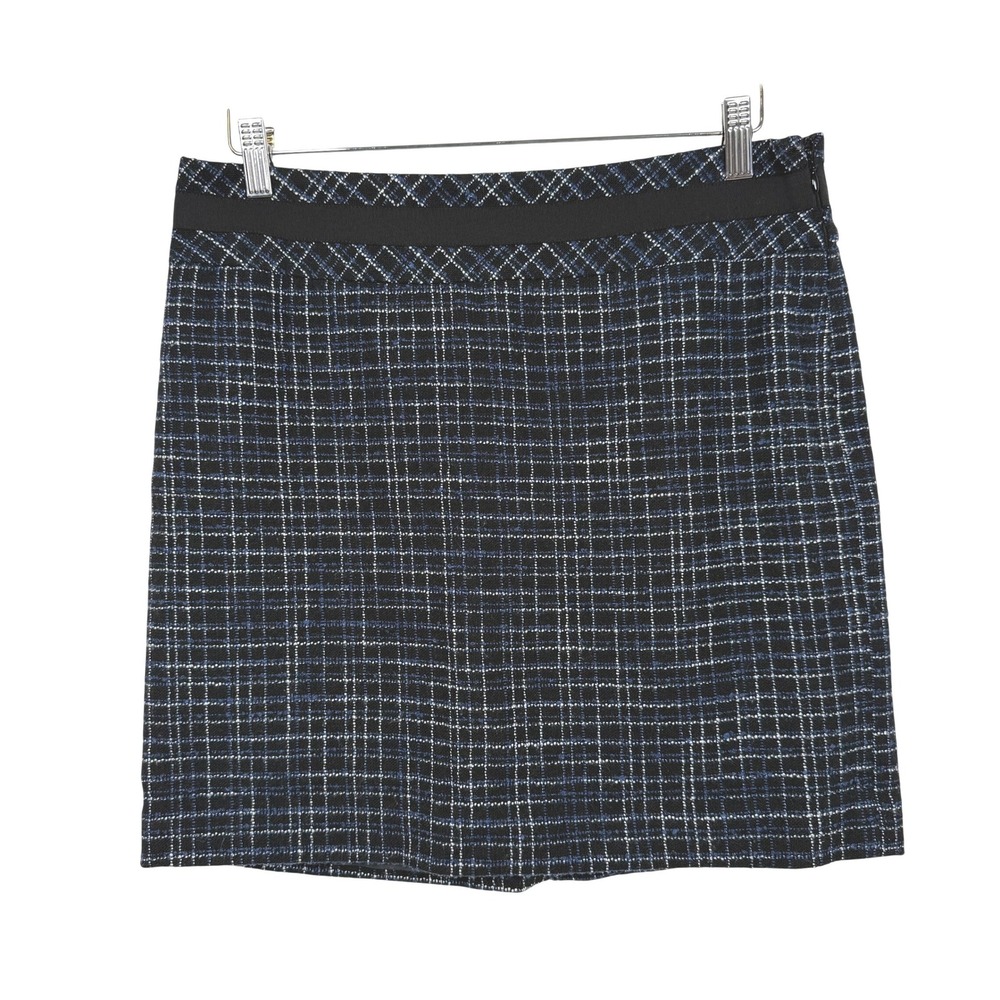 LOFT Tweed Mini Skirt Womens 8 Blue Black Plaid Grosgrain Trim 273033